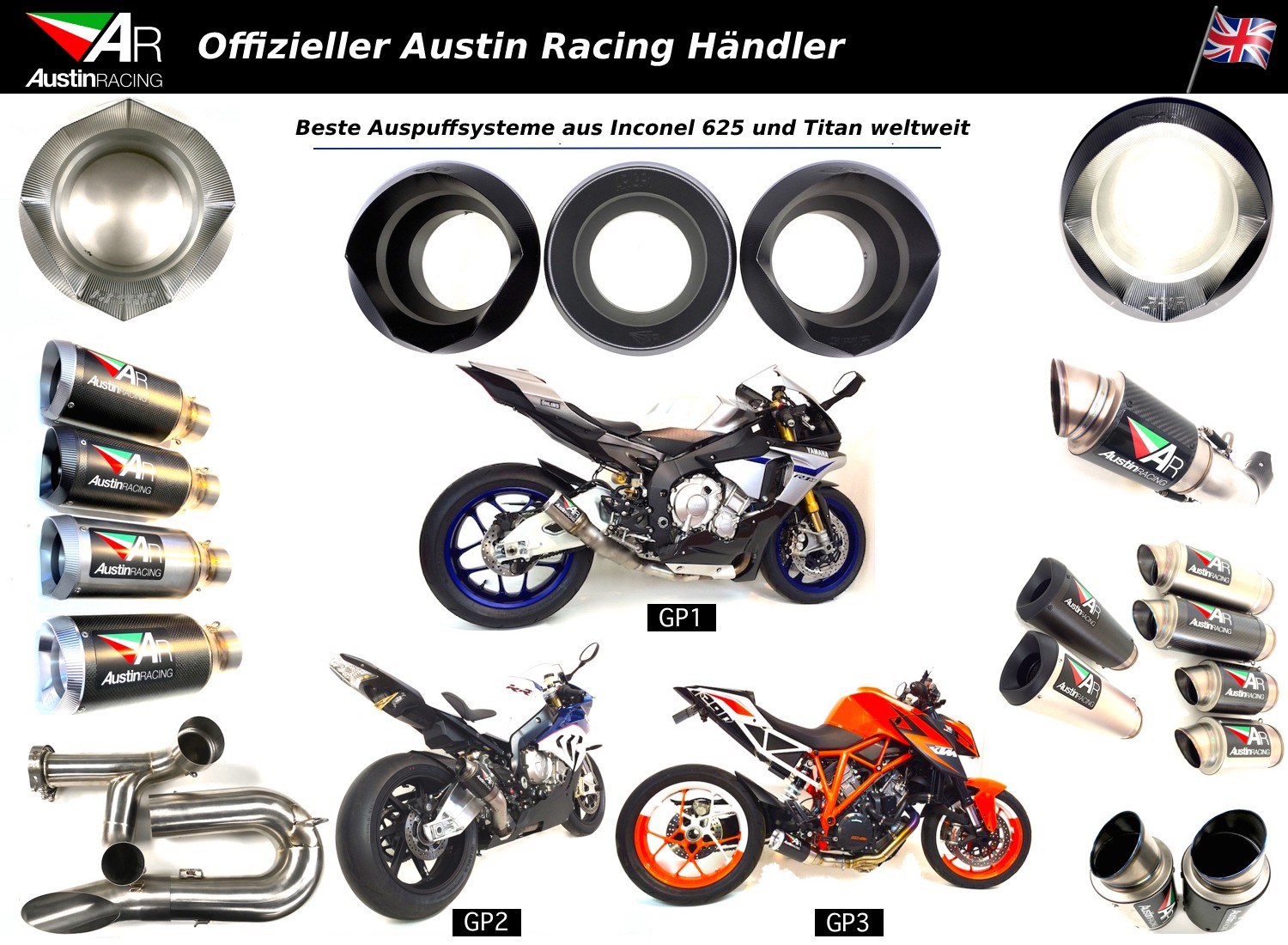 Austin Racing Exhausts, Auspuffsystem, Endtopf, Slipon, Komplettanlage, britischer Hersteller Austin Racing Exhausts, Auspuffsystem, Endtopf, Slipon, Komplettanlage, britischer Hersteller